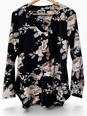 Youtalia Black Floral Notch V-Neck Blouse Medium Long Sleeve Tunic Top
